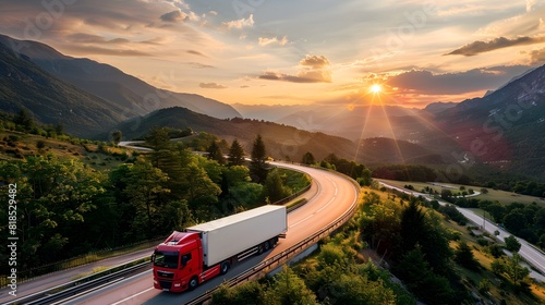 Scenic Mountain Highway Sunset with Cargo Truck and Trailer photo