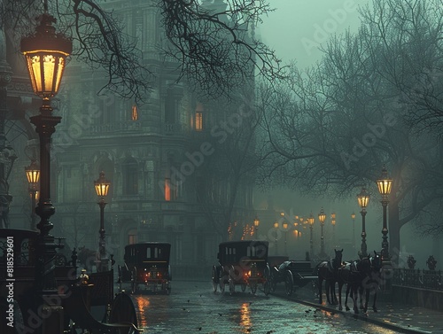 Victorian scifi street scene, horsedrawn carriages, gas lamps, foggy evening , high resolution photo