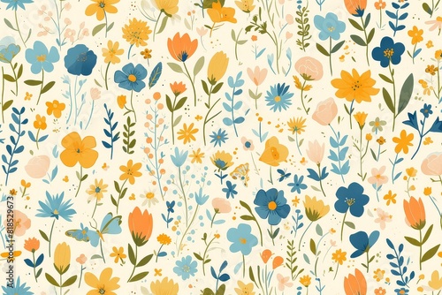 Wildflowers and butterflies whimsically scattered across a seamless pattern