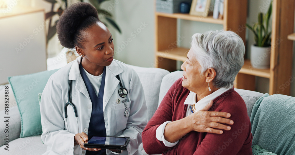 Obraz premium Senior, woman and doctor with healthcare for shoulder pain with tablet, explaining symptoms and medical advice. Elderly patient, nurse or discussion in nursing home, osteoporosis and top view on sofa