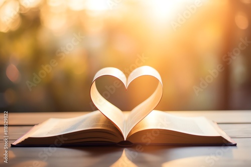 Closeup of an open book with pages shaped like heart blurry background