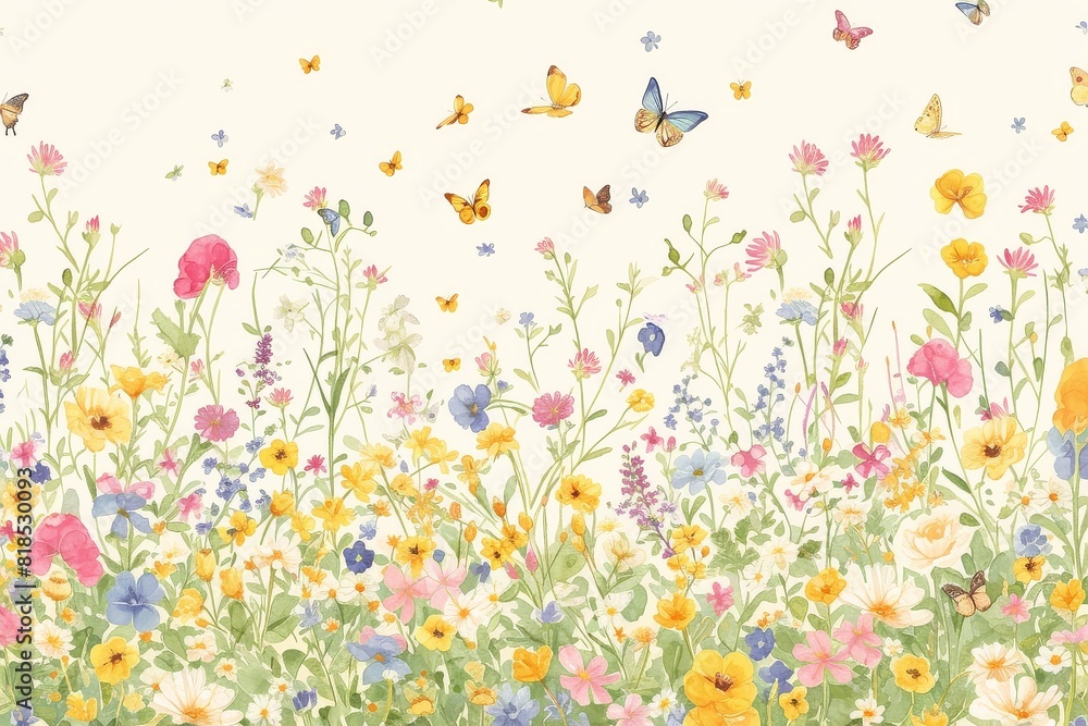 Wildflowers and butterflies whimsically scattered across a seamless pattern Wildflowers and butterflies whimsically scattered across a seamless pattern