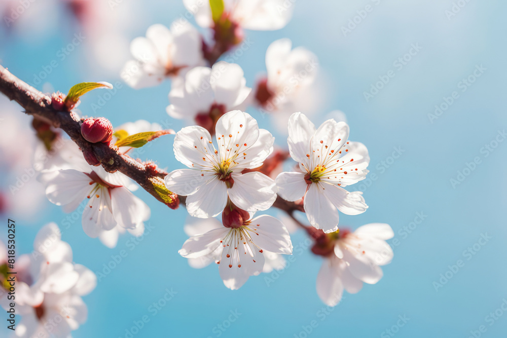 Branches of blossoming cherry macro with soft focus on gentle light blue sky background in sunlight with copy space. Beautiful floral image of spring nature panoramic view. Branches of blossoming cherry macro with soft focus on gentle light blue sky background in sunlight with copy space. Beautiful floral image of spring nature panoramic view.