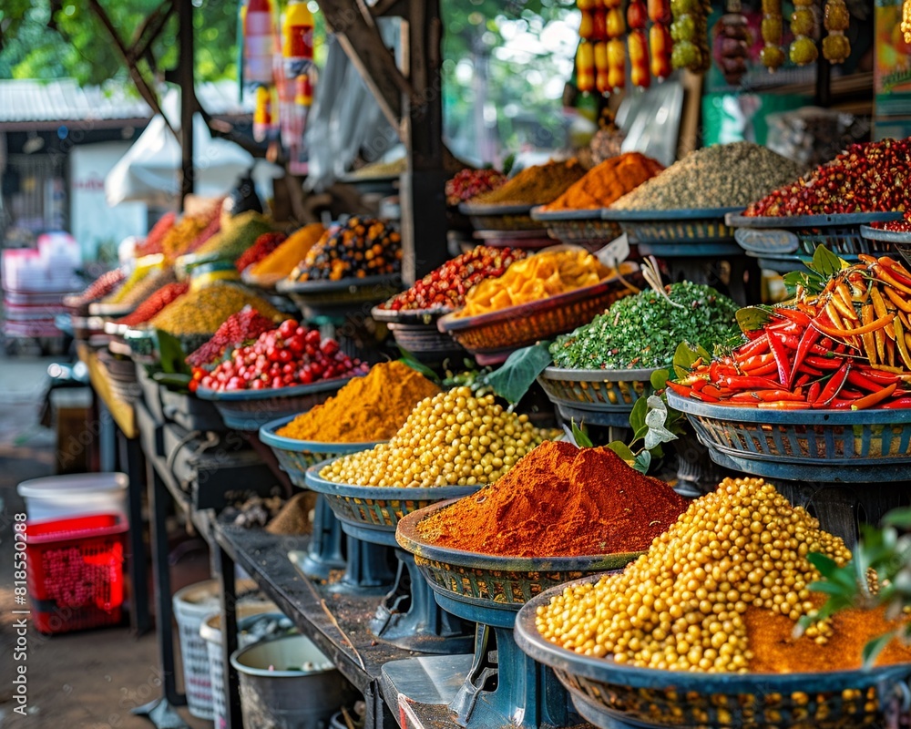 Fototapeta premium Spice stall at local market, arrays of Thai spices, vivid colors, midmorning , Ideogram