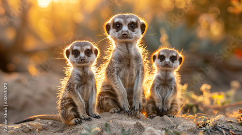 Family of Meerkats standing alert in the desert