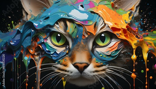 cat s face in multi-colored oil paints. art concept