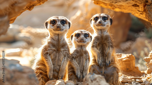 Family of Meerkats standing alert in the desert photo
