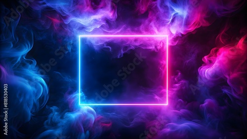 An Abstract Glowing Neon Frame Amidst Swirling Blue and Purple Smoke