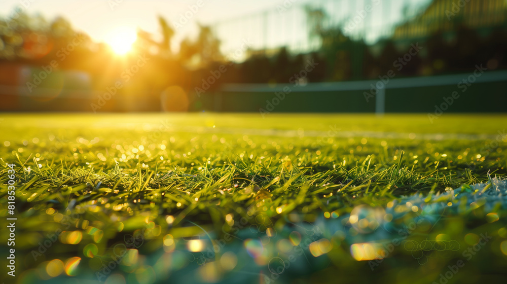 Fototapeta premium close-up freshly cut grass tennis court, tennis court at sunrise, tennis club tournament