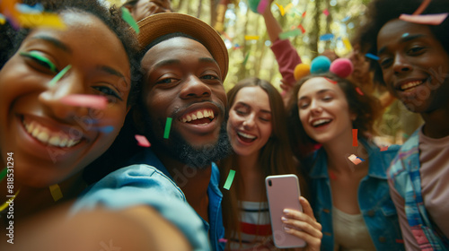 A group of coworkers taking a selfie at a team-building retreat with fun activities in the background, coworkers selfie, hd, whimsical team-building concept with copy space