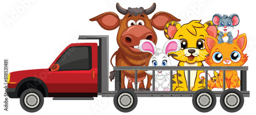 Colorful animals riding together in a red truck