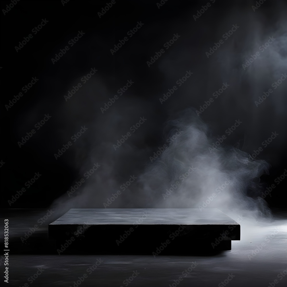 Podium black dark smoke background product platform abstract stage texture fog spotlight. Dark black floor podium, Ai Generated