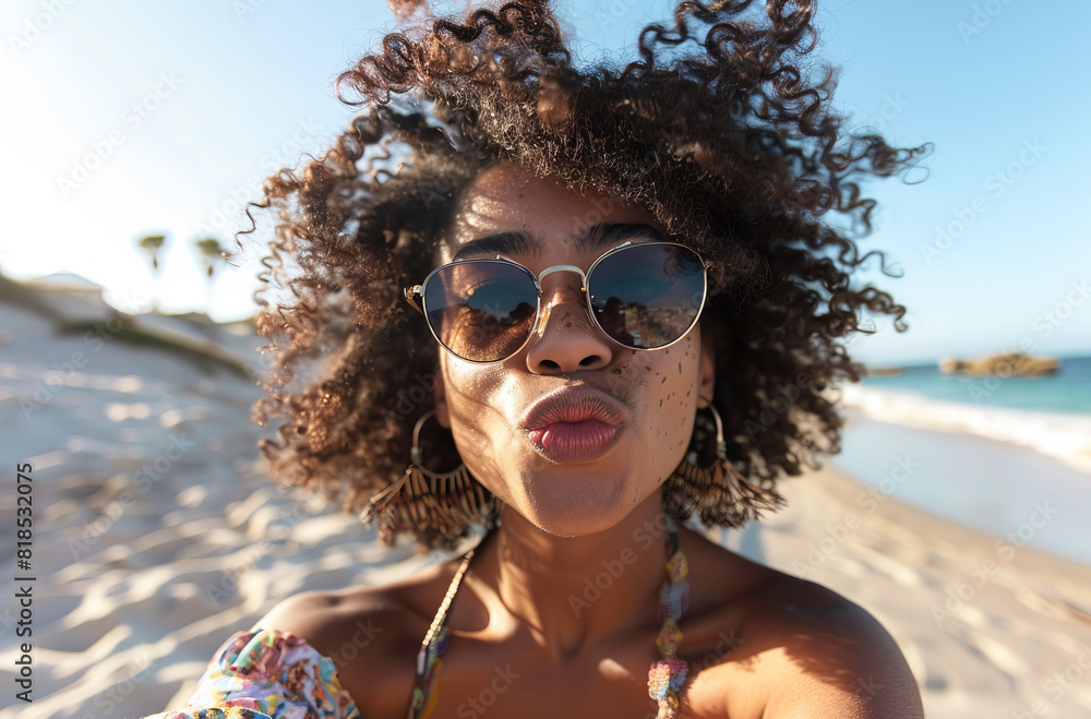 Portrait of a beautiful black woman wearing sunglasses having fun on a beach in summer Portrait of a beautiful black woman wearing sunglasses having fun on a beach in summer