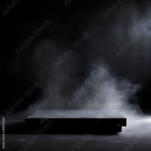 Podium black dark smoke background product platform abstract stage texture fog spotlight. Dark black floor podium, Ai Generated