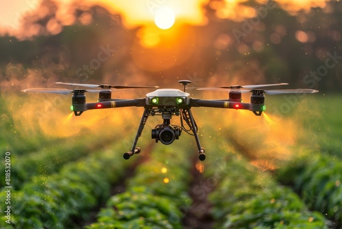 Agricultural drones equipped with high-tech sensors navigate fields, applying pesticides precisely to enhance crop health and field productivity © Leo