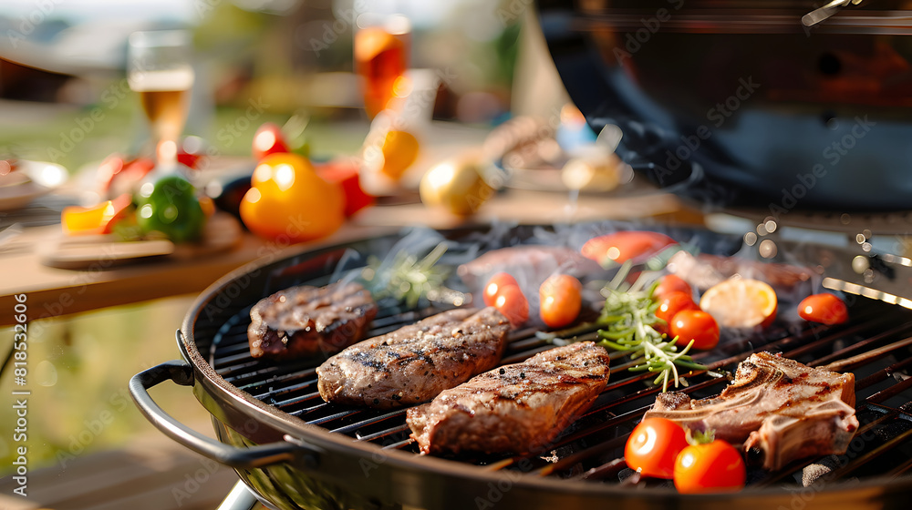 Fototapeta premium Modern grill with meat and vegetables outdoors, closeup