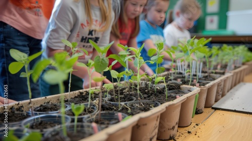 Elementary school children learn to plant