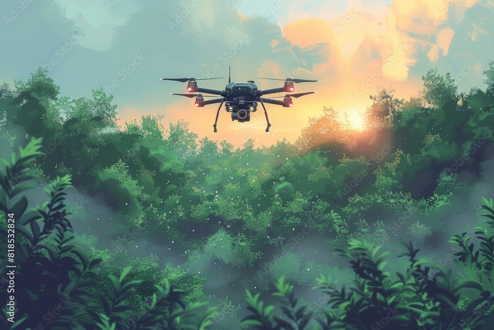 Fototapeta premium Drones equipped with precision agriculture technology apply pesticides efficiently, enhancing crop health and field productivity in sustainable farming