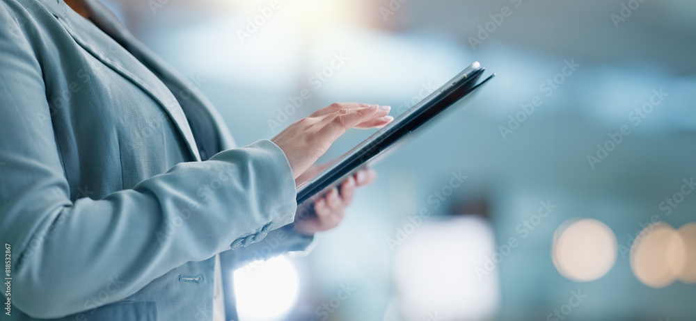 Tablet, hands and business person with office, research and legal corporate project. Woman, browsing and professional attorney working on law case with internet website in consultant workplace Tablet, hands and business person with office, research and legal corporate project. Woman, browsing and professional attorney working on law case with internet website in consultant workplace