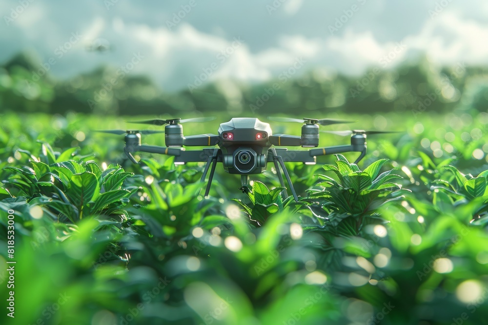 High-tech drones equipped with sensors navigate fields, spraying pesticides precisely to improve crop health and agricultural productivity