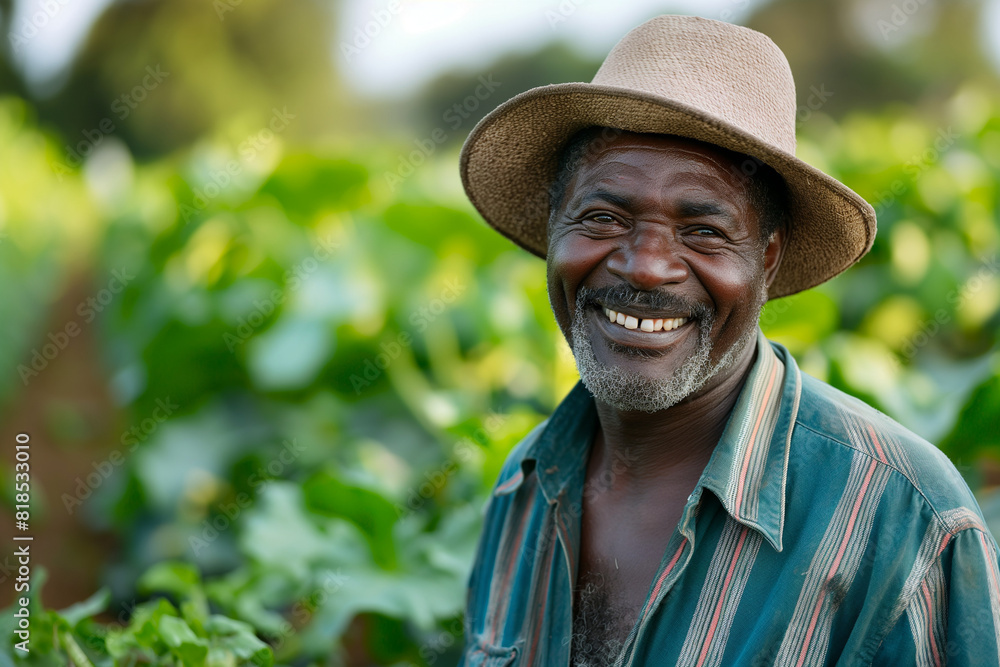 Black man farmer holding fresh green plant, green small plant.