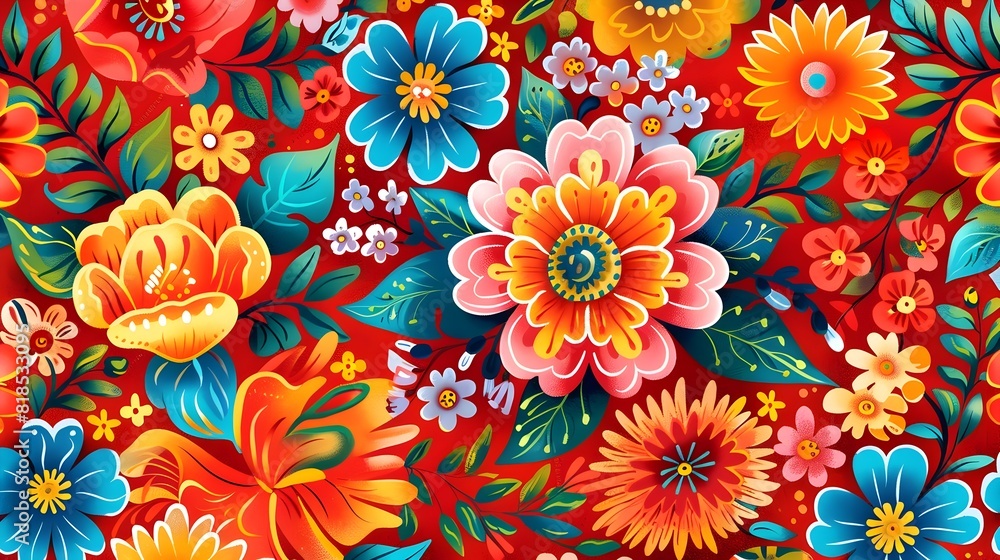Vibrant Floral Pattern Inspired by Rich Mexican Folk Art Style Vibrant Floral Pattern Inspired by Rich Mexican Folk Art Style