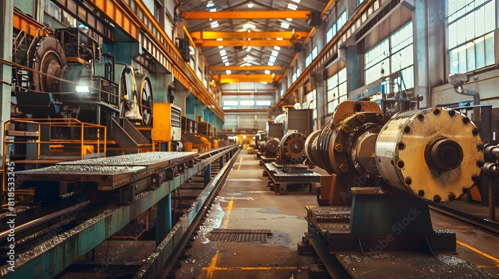 Obraz premium Modern Machinery Manufacturing Workshop with Heavy Industrial Equipment and Conveyor System