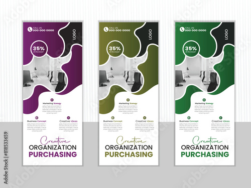 Creative business agency roll up banner design or pull up banner template.Roll Up Banner with Blue Geometric Photo Elements.