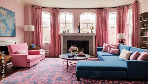 A living room with a blue couch  pink ottoman  and pink patterned rug.