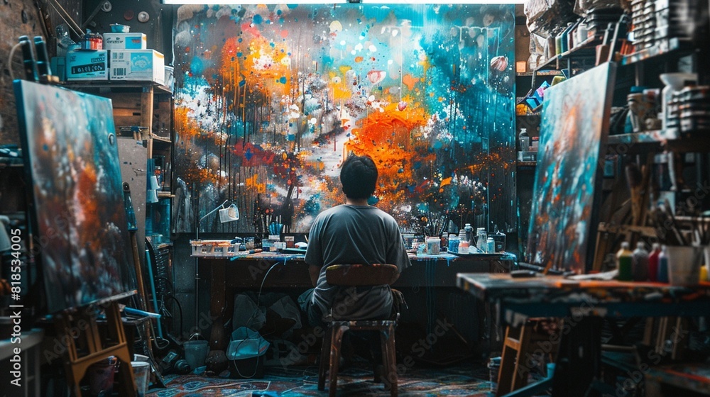 Artist sipping moodboosting coffee, cluttered studio, creative burst, colorful canvases , hyper detailed