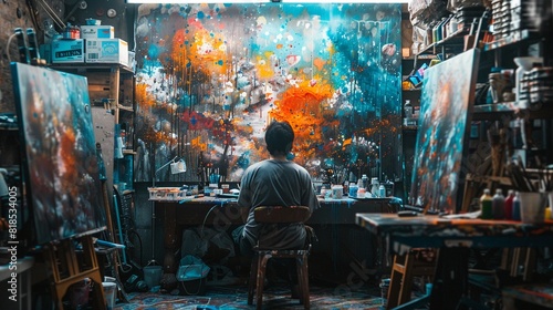 Artist sipping moodboosting coffee, cluttered studio, creative burst, colorful canvases , hyper detailed