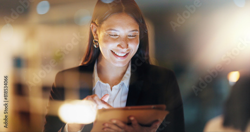 App, double exposure and tablet with business woman in city for learning, reading or research. Internet, software and tech with happy professional employee in corporate workplace for email feedback photo