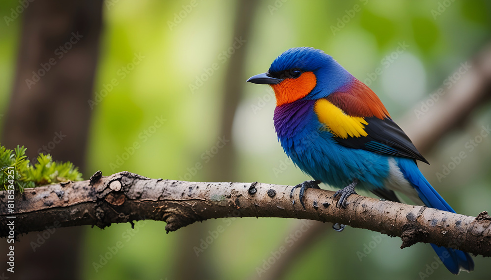 A colorful bird sits on a tree branch in the forest with blurred background. Generative AI