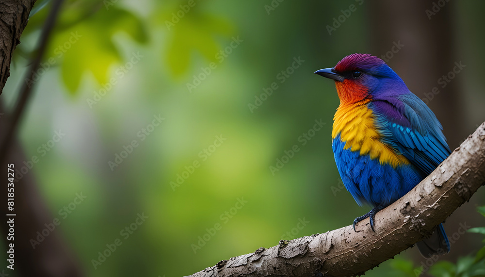 A colorful bird sits on a tree branch in the forest with blurred background. Generative AI