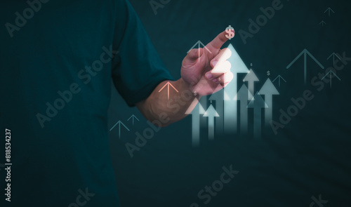 Planning and strategy, stock market, business growth, progress or success concept, businessman or trader showing growing virtual holographic stocks, invest in stock market trading or digital assets