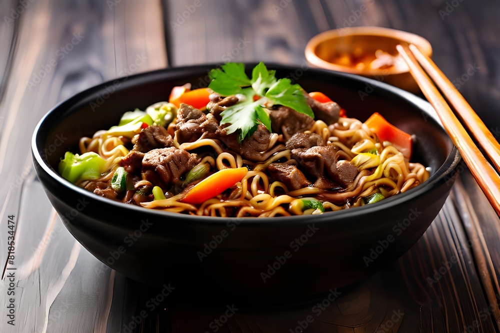 Noodles with beef and vegetables in black bowl on wooden background Noodles with beef and vegetables in black bowl on wooden background
