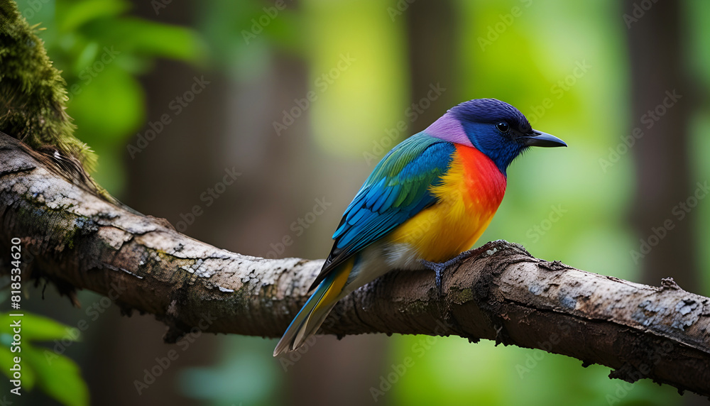 A colorful bird sits on a tree branch in the forest with blurred background. Generative AI A colorful bird sits on a tree branch in the forest with blurred background. Generative AI