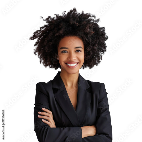 Confident African American Businesswoman with Curly Hair in Professional Attire on Transparent Background