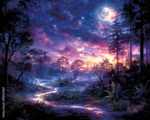 Enchanted Forest Dreamscape Under Full Moon and Starry Sky with Mystical River at Twilight in Serene Nature Art