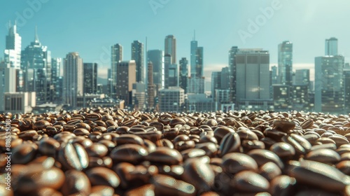 Metropolis of coffee beans, ethereal light casting a magical glow, with a clear blue sky providing a perfect contrast, showcasing a unique urban concept photo