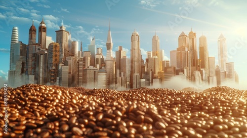 Metropolis of coffee beans, ethereal light casting a magical glow, with a clear blue sky providing a perfect contrast, showcasing a unique urban concept photo