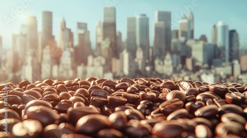 Metropolis of coffee beans, ethereal light casting a magical glow, with a clear blue sky providing a perfect contrast, showcasing a unique urban concept photo