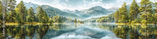 Panoramic View of Tranquil Lake Reflecting Majestic Mountains and Evergreen Forests Under a Serene Blue Sky with Fluffy Clouds
