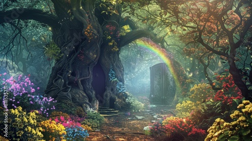 Majestic forest landscape with a rainbow bridge  glowing flowers  and an ancient tree with a door  leading to an unknown world