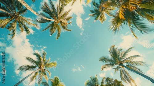 Majestic coconut palms seen from below  their fronds creating a natural frame against a serene azure sky  tropical tranquility