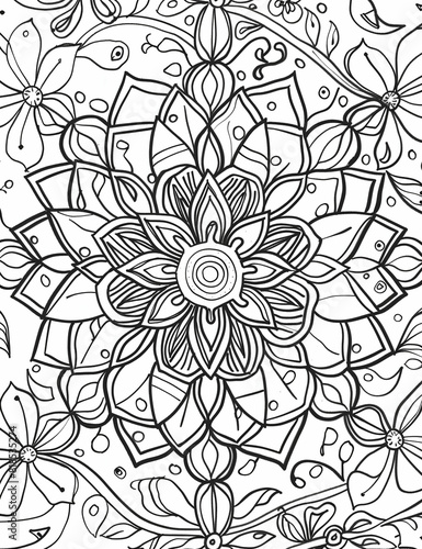 Seasonal Bloom Mandalas  Intricate Spring Patterns to Color - Coloring Page for Adults - Vertical composition - Line Art