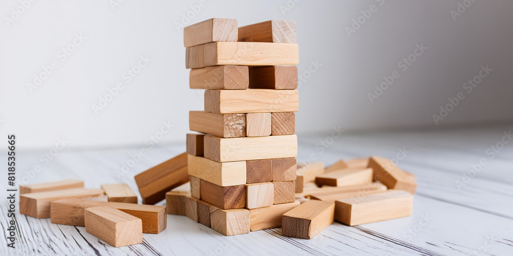 Child's wooden building blocks, toppled over after being built into a tall tower. Child's wooden building blocks, toppled over after being built into a tall tower.