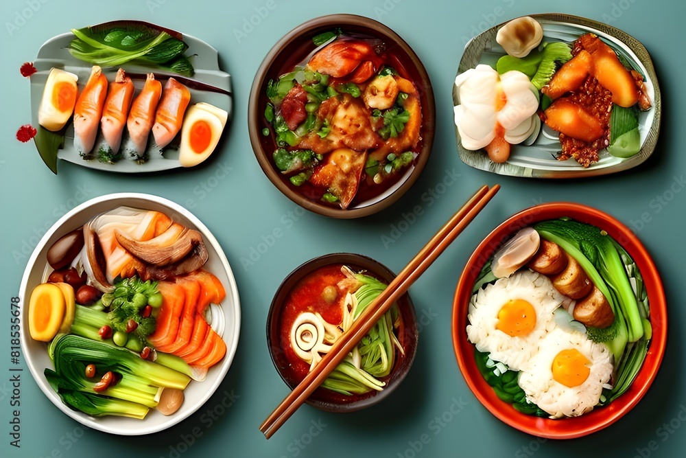 Variety of traditional Chinese dishes. Asian food. Top view, flat lay. Variety of traditional Chinese dishes. Asian food. Top view, flat lay.