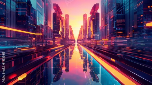 Inverted city skyline  futuristic buildings  glowing neon lights  abstract composition  symmetrical reflections  dusk setting