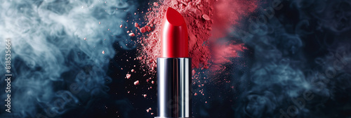 A close up of a red lipstick with a red powdery substance surrounding it. The lipstick is positioned in the center of the image, with the powdery substance extending outwards from it photo